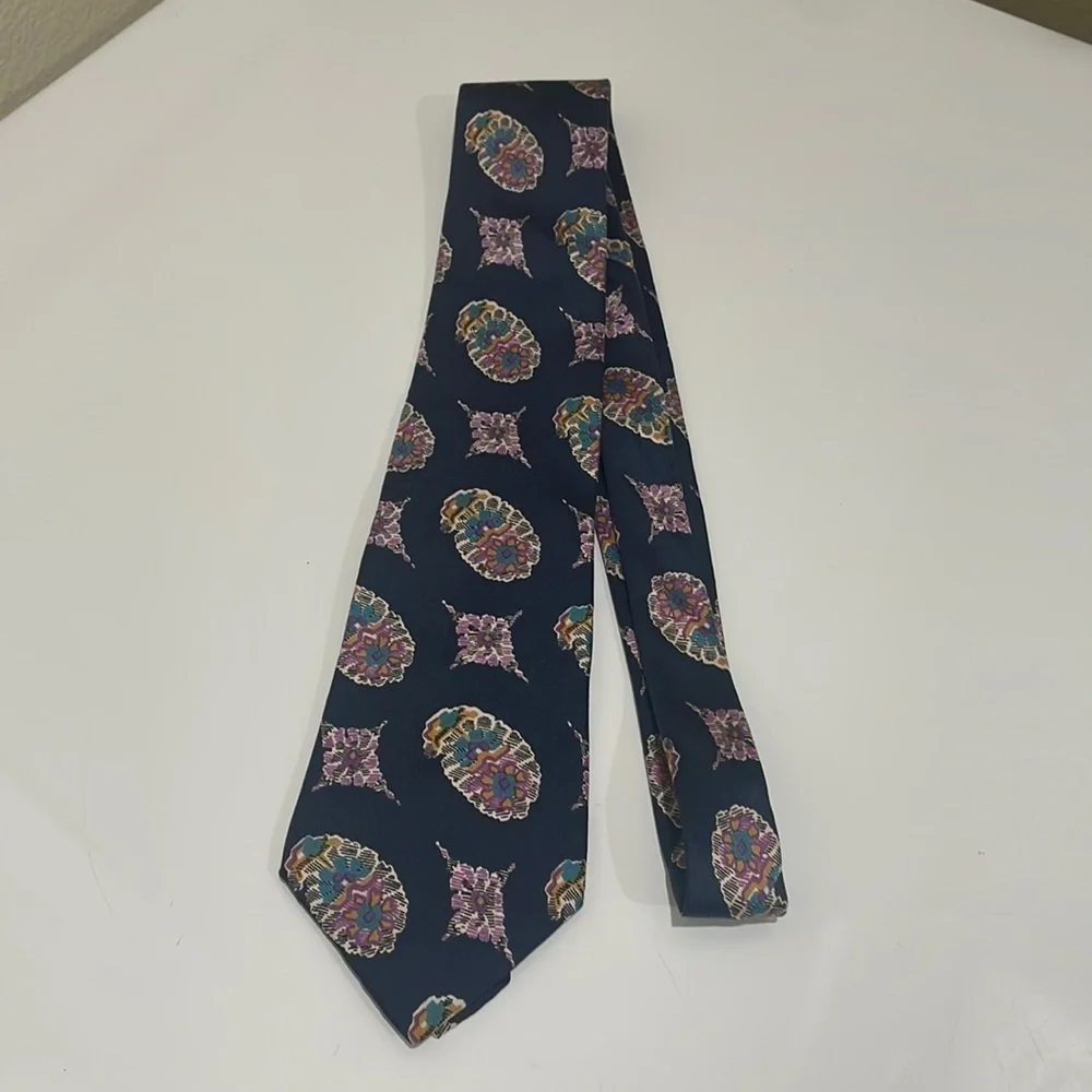 Yves Saint Laurent Navy With Colorful Medallions 100% Silk Tie—Excellent Cond!